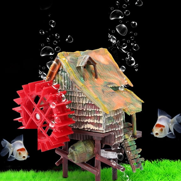 Yajisi Small Aquarium Water Wheel Decor Landscaping Ornament, Pneumatic Aerated Hut Fish Tank Decoration, Rotatable Windmill Landscaping Accessory for Freshwater and Saltwater Tanks, Brown