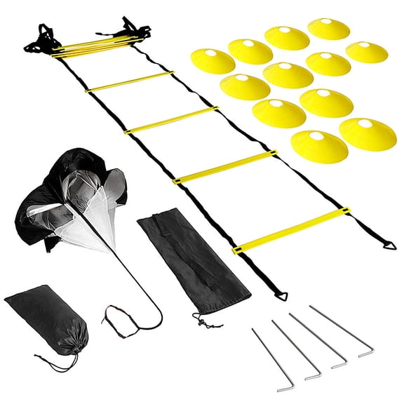Yajisi Speed & Agility Training Kit, 12-Rung Agility Ladder with Resistance Parachute, 12 Cones & 4 Stakes for Football, Basketball & Hockey, 19.7x7.9x4.7in