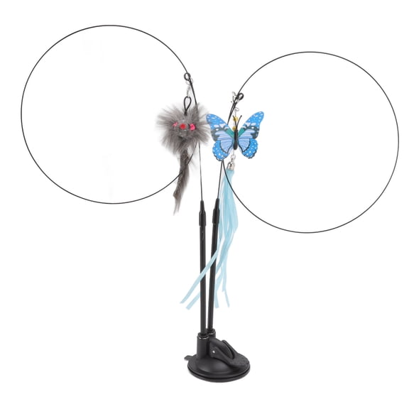 Yajisi Suction Cup Cat Feather Wand Toy with Detachable Steel Wire, Interactive Teaser Stick for Indoor Cats, Dual Attachments Blue Scalewing and Gray Mouse, 35.4 inches / 90 cm