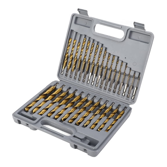 Yajisi TiCoated HSS Twist Drill Bit Set 1/4" Hex Shank 5/641/2" Impact Bits, 29 Pieces, Limit Rings, Storage Box