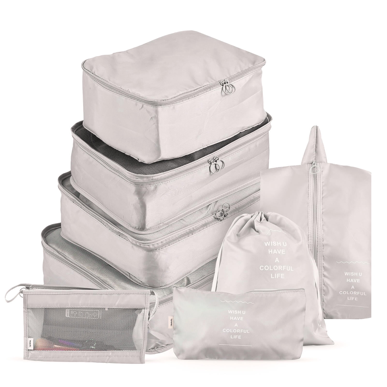 Yajisi Travel Organizer 8-Piece Packing Cubes Set for Suitcases, Portable Luggage Storage Bags for Clothes and Shoes, Beige (13.78 in / 35 cm)