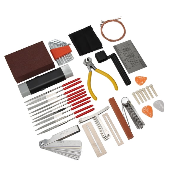Yajisi Ultimate Guitar Repair Tool Kit Complete Luthier Maintenance Setup Set with Bridge Pins, Hex Wrenches, Radius Gauges, String Eraser, Picks, Nut Files, and Storage Bag (10.63 inches / 27 cm)