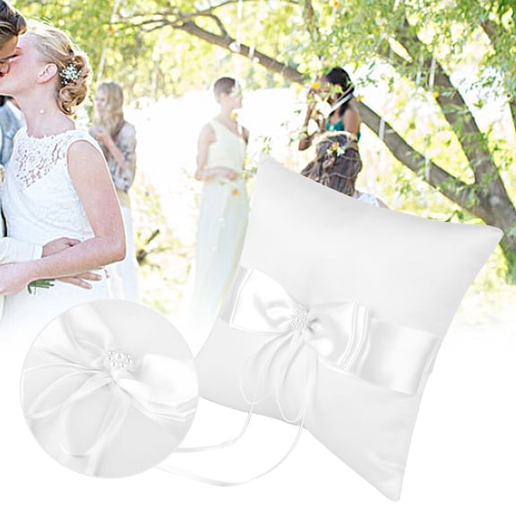 Yajisi White Satin Bowknot Ring Bearer Pillow Holder Wedding Ring Pillow with Simulation Pearl 5.91 inches / 15 cm