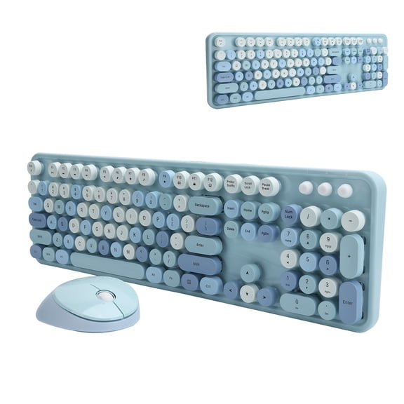 Yajisi Wireless Retro Typewriter Keyboard and Mouse Combo, 2.4GHz Cute Pastel Blue Mixed Color 104-Key Circular Floating Keycaps Ergonomic Desktop Set for Laptop PC Windows Office Home Work