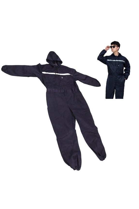 XL Hooded RustProof Dark Blue LongSleeve Reflective Coverall Deep Pockets, Elastic Waist, Durable Polyester, Ideal for Factory Work