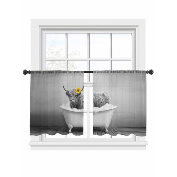 Yak Bathtub Sheer Curtains 2 Panels Set Vintage Black White Yak Bathing Yellow Sunflower Sheer Window Curtains Light Filtering Rod Pocket Voile Drapes for Bedroom Living Room 52"x54"