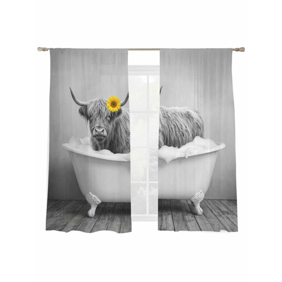Yak Bathtub Sheer Curtains 2 Panels Set Vintage Black White Yak Bathing Yellow Sunflower Sheer Window Curtains Light Filtering Rod Pocket Voile Drapes for Bedroom Living Room 52"x63"