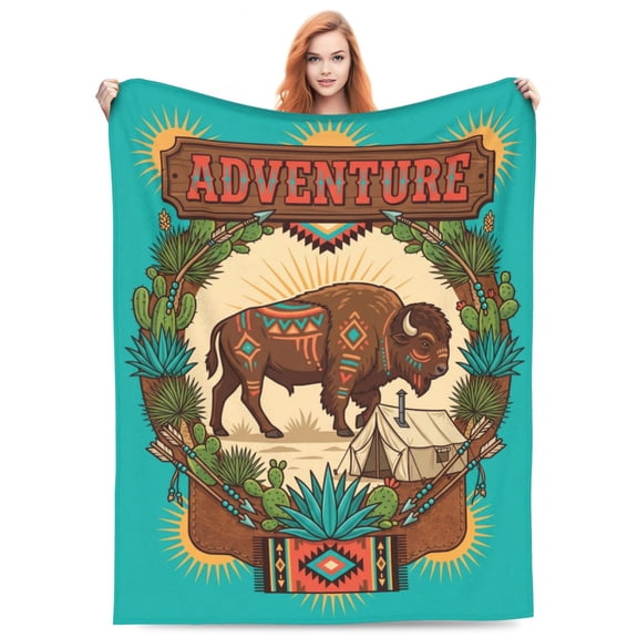 Yak Blanket, Cabin Retro Rustic Lodge Yak Country Hunting Wild Animal Flannel Plush Throw Quilt for Couch Sofa Bed, Home Decor 60x50