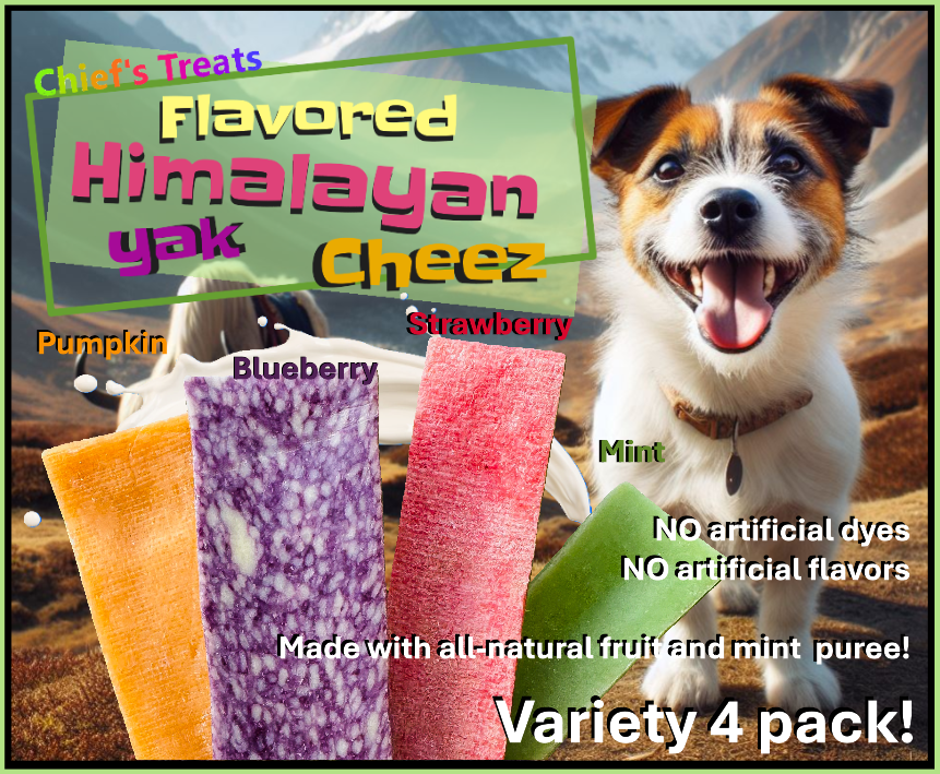 Yak Cheese Chews with Real Fruit Puree for Dogs, Variety Pack - Blueberry, Strawberry, Pumpkin, Mint, Long Lasting Natural Dog Chews, Authentic Yak Milk, High-Protein, Grain-Free