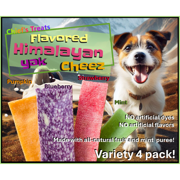 Yak Cheese Chews with Real Fruit Puree for Dogs, Variety Pack - Blueberry, Strawberry, Pumpkin, Mint, Long Lasting Natural Dog Chews, Authentic Yak Milk, High-Protein, Grain-Free