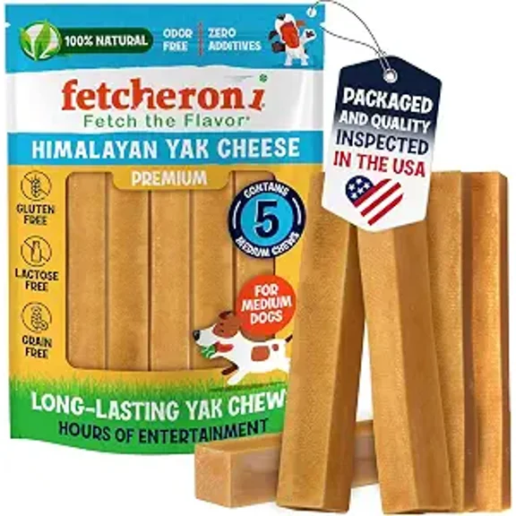 FETCHERONI Himalayan Yak Cheese Chews - Natural Dog Bones - Yak Cheese Himalayan Dog Chews – Long Lasting Himalayan Dog Cheese Chew - Yak Chews for Large, Medium and Small Dogs (Medium, 5 Pack)