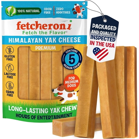 FETCHERONI Himalayan High-Protein Dog Treats, Large Yak Cheese Dog Chews, Medium, 5 Pack