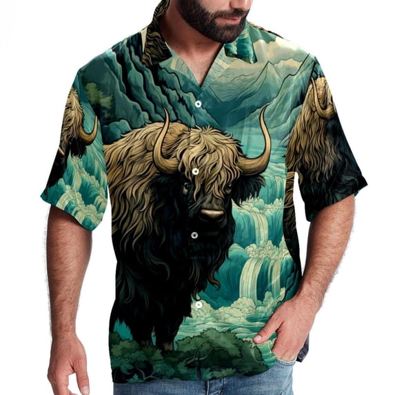 Yak Men's Short Sleeve Hawaiian Poplin Shirt - Casual Printed Button Down Summer Beach Shirt for Men