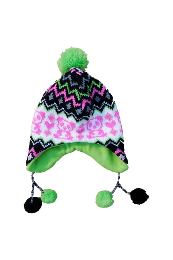 Girls Colorful Panda & Chevron Winter Peruvian Trapper Hat With Pom-Poms