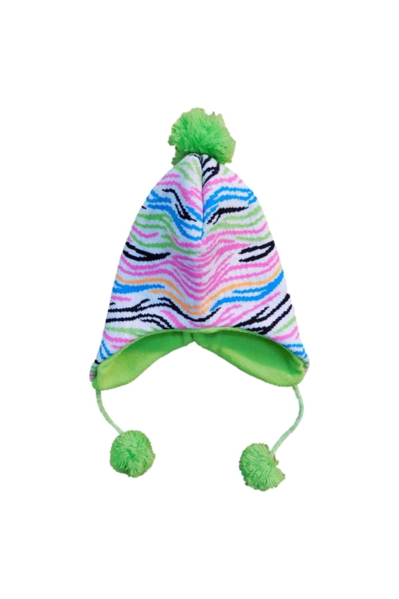 Girls Colorful Zebra Print Winter Peruvian Trapper Hat With Pom-Poms