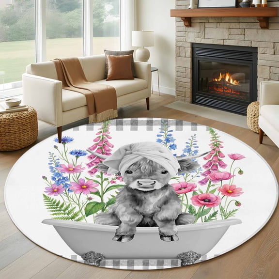 Yak Pink Flowers Round Area Rug 5ft, Elegant Pastoral Spring Floral Bathtub Washable Non-Slip Circle Rugs for Bedroom Living Room Kitchen, Soft Low Pile Carpet for Dining Room Playroom Nursery