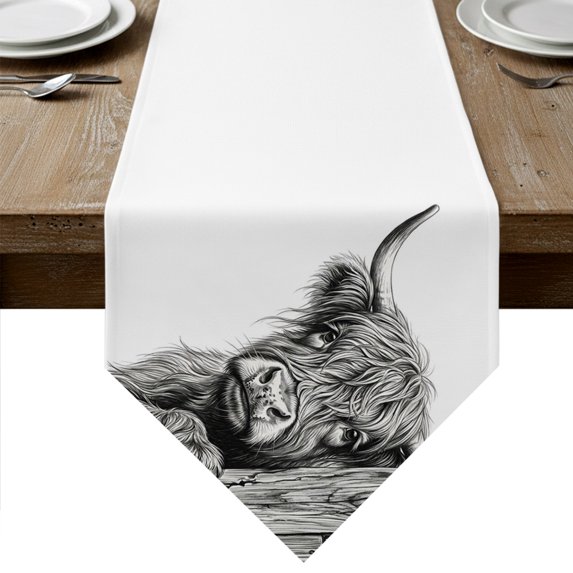 Yak Print Table Runner Linen Burlap Table Runner 60 Inches Long Farmhouse Modern Textured Wooden Grey Dresser Scarves for Kitchen Island Coffee Dining Room Party Wedding Holiday Decoration 13"x60"