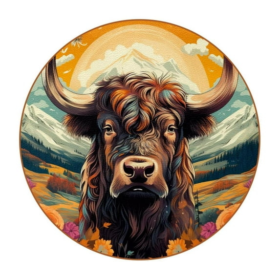 Yak Set of 6 Round Microfiber Leather Coasters, 11x11 cm/4.3x4.3 Inches - Drink Coasters for Home and Office Use