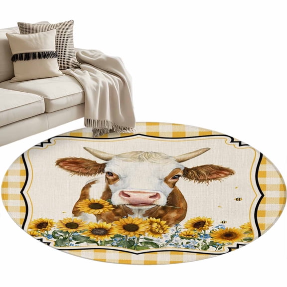 Yak Sunflowers Round Area Rugs Collection 4', Yellow Floral Checkered Elegant Pastoral Rustic Non Slip Indoor Circular Throw Runner Rug Floor Mat Carpet for Living Room Dining Table Bedroom Nursery