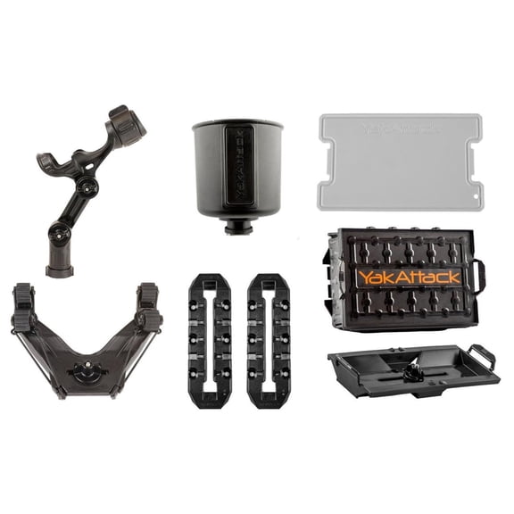 YakAttack Kayak Fishing Starter Pack Plus  Complete Kayak Rigging Kit with Rod Holder, Paddle Holder, TracPak Storage, Cup Holder & Mounts  Kayak Fishing Accessories for Serious Anglers