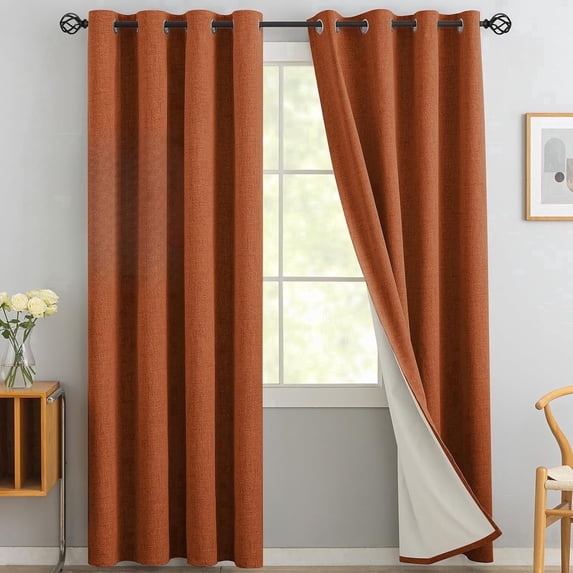 Yakamok 100% Blackout Burnt Orange Send Linen Curtains 84 Inches Long for Living Room, Room Darkening Textured Curtains for Bedroom with White Liner 2 Panels