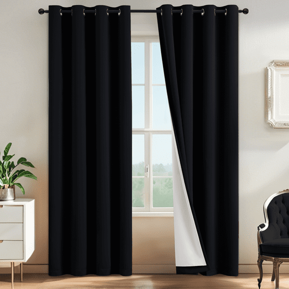 Yakamok 100% Blackout Curtain Panels 84 inches Cold and Light Blocking Drapes for Nursery, 2 Thick Layers Thermal Insulated Draperies (2 Pieces, 52 Wide Each Panel, Black Front with White Backing)