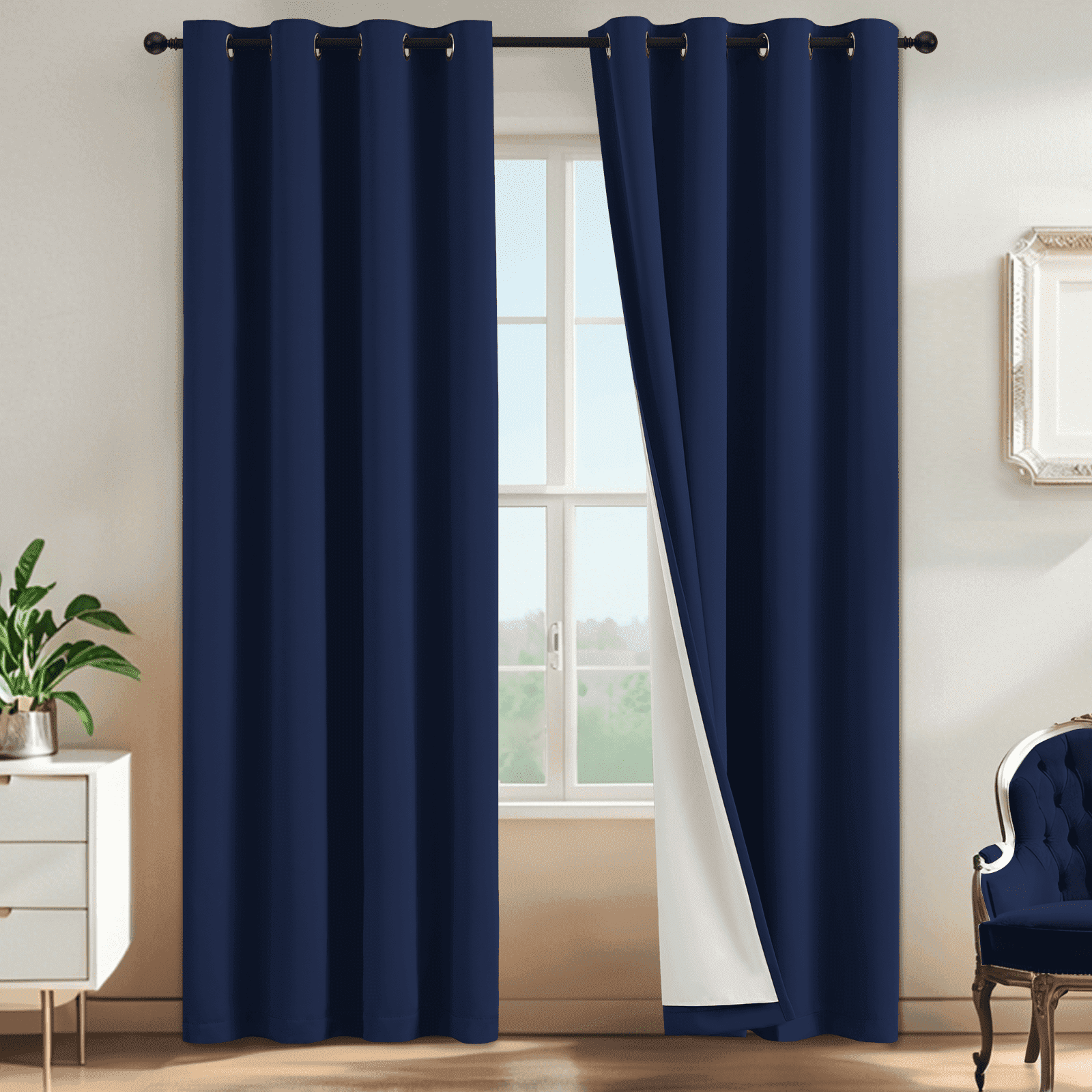 Yakamok 100% Blackout Curtain Panels 84 inches Light Blocking Drapes for Nursery, 2 Thick Layers Thermal Insulated Draperies (2 Pieces,52 Wide Each Panel,Navy Blue Front with White Backing)