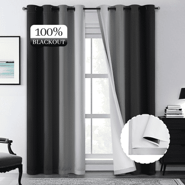 Yakamok 100% Blackout Curtains 84 Inch Length 2 Layers,Black Curtains for Bedroom Ombre Room Darkening Grommet Gradient Drapes, Light Blocking Thermal Insulated Window Curtains for Living Room
