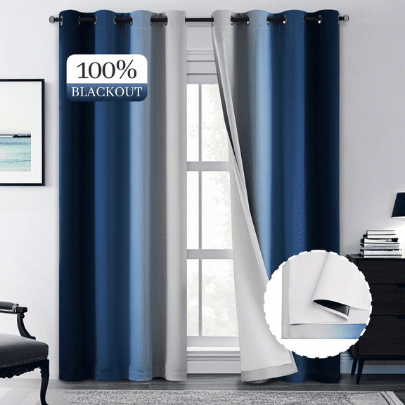 Yakamok 100% Blackout Curtains 84 Inch Length 2 Layers,Blue Curtains for Bedroom Ombre Room Darkening Grommet Gradient Drapes, Light Blocking Thermal Insulated Window Curtains for Living Room