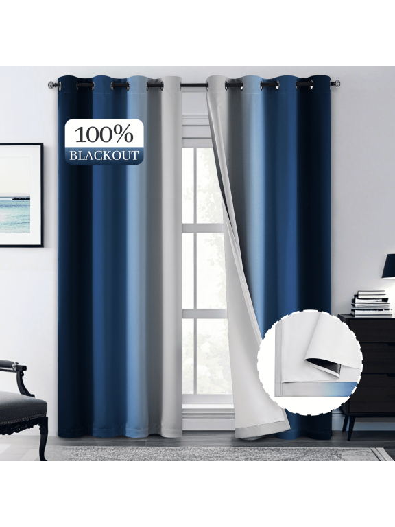 100% Blackout Curtains 84 Inch Length 2 Layers,Blue Curtains for Bedroom Ombre Room Darkening Grommet Gradient Drapes, Light Blocking Thermal Insulated Window Curtains for Living Room