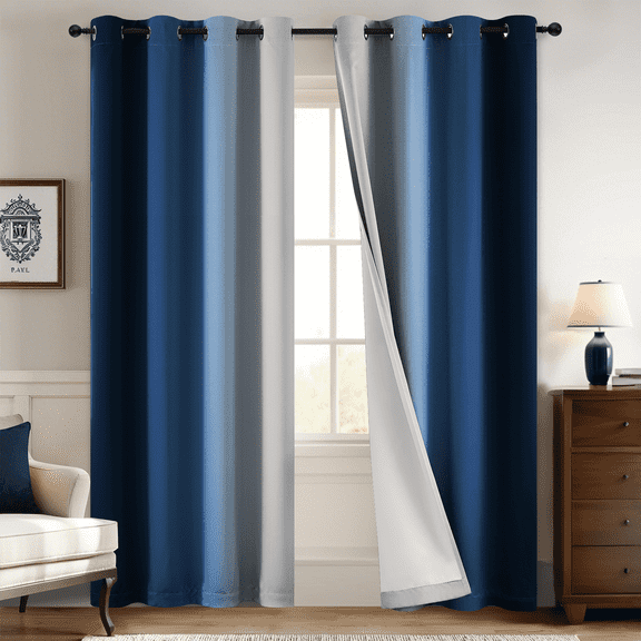 Yakamok 100% Blackout Curtains 84 Inch Length 2 Layers,Blue Curtains for Bedroom Ombre Room Darkening Grommet Gradient Drapes, Light Blocking Thermal Insulated Window Curtains for Living Room