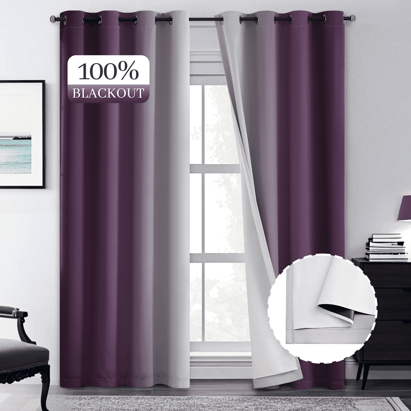 Yakamok 100% Blackout Curtains 84 Inch Length 2 Layers,Purple Curtains for Bedroom Ombre Room Darkening Grommet Gradient Drapes, Light Blocking Thermal Insulated Window Curtains for Living Room