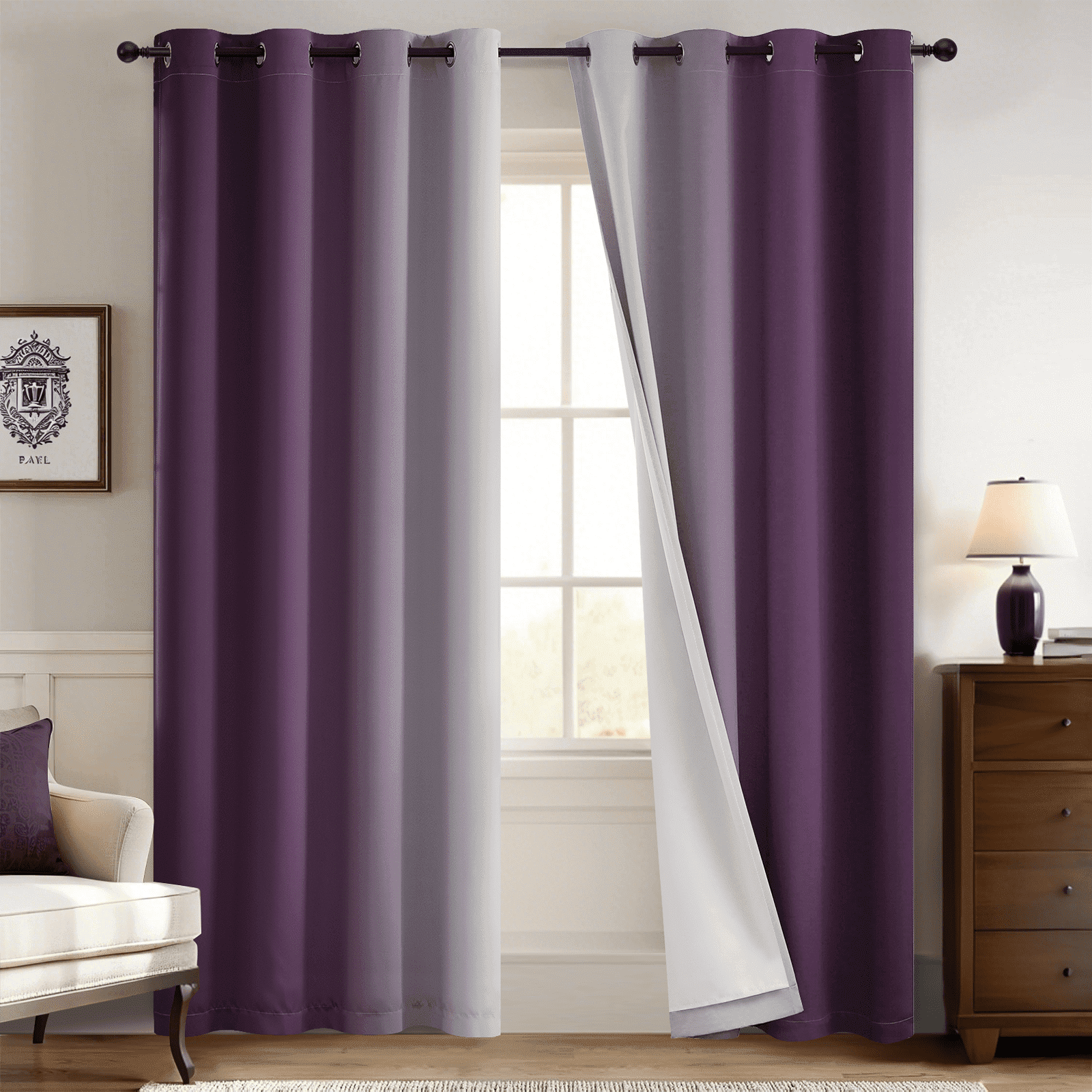 Yakamok 100% Blackout Curtains 84 Inch Length 2 Layers,Purple Curtains for Bedroom Ombre Room Darkening Grommet Gradient Drapes, Light Blocking Thermal Insulated Window Curtains for Living Room