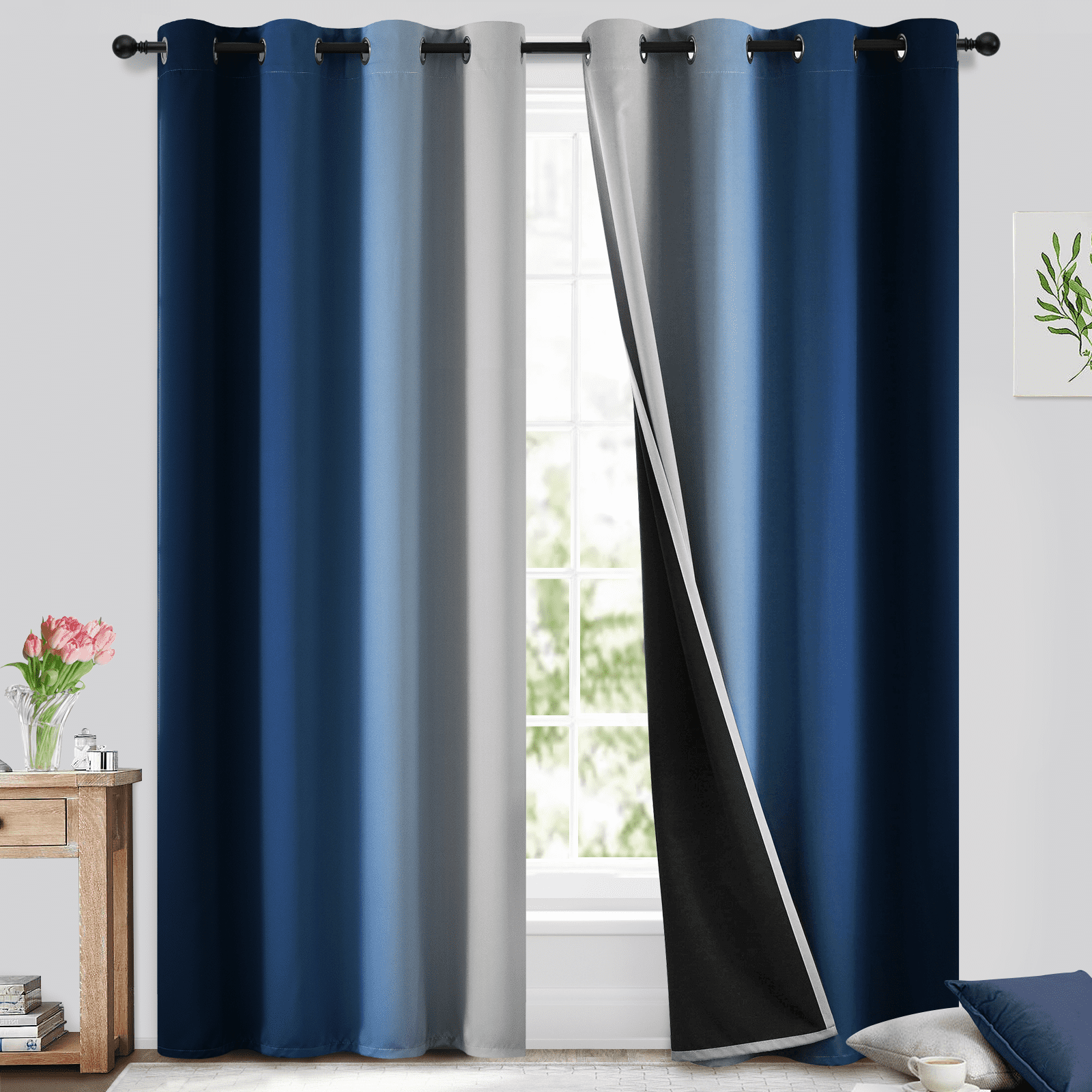 Yakamok 100 Blackout Curtains for Bedroom,Room Darkening Blue Curtains