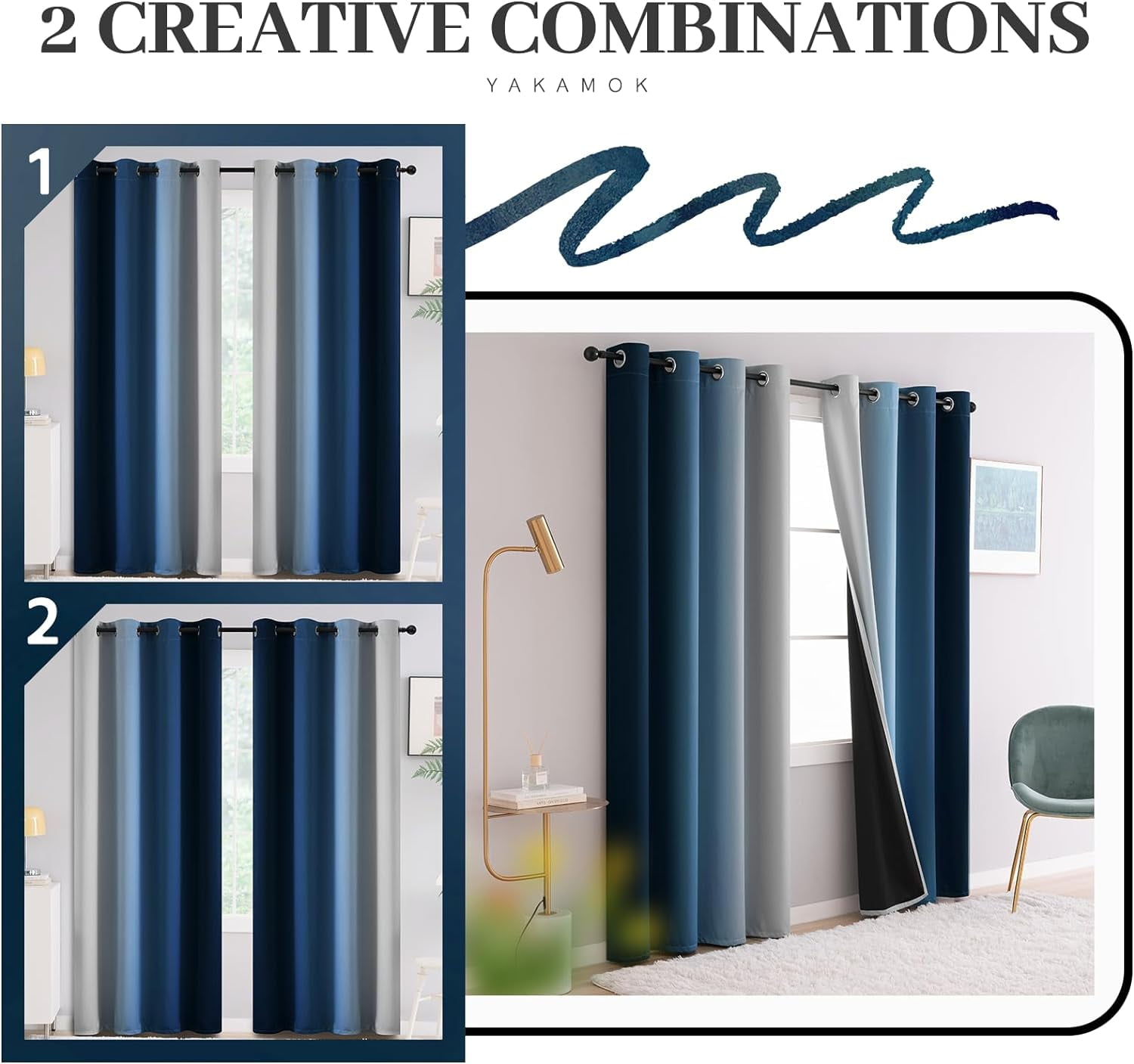 Yakamok 100 Blackout Curtains for Bedroom,Room Darkening Blue Curtains