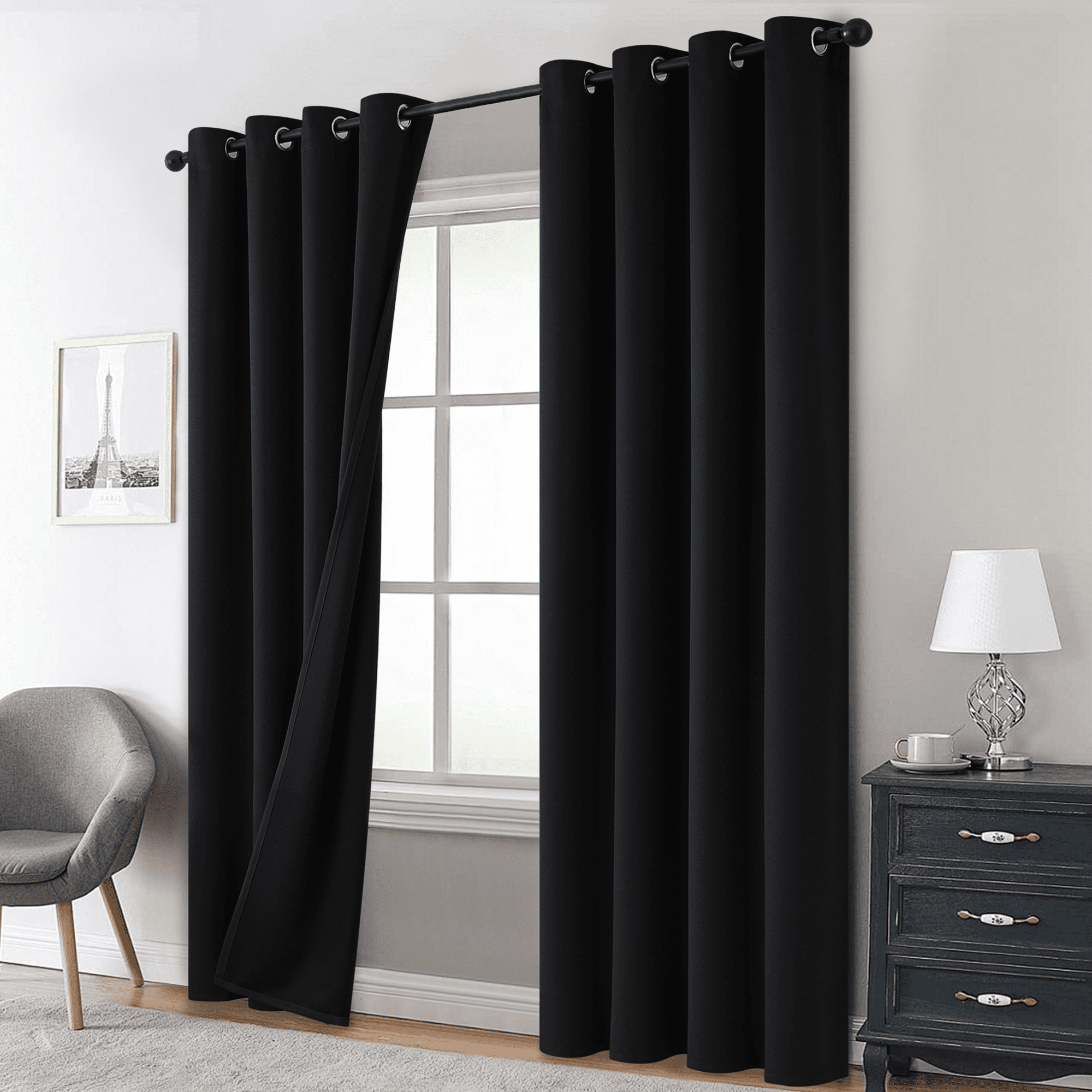 Yakamok 100% Blackout Curtains, Black Curtains for Bedroom 84 Inch Length with Black Backing Solid Grommet Panels for Living Room 2 Panels, 52Wx84L