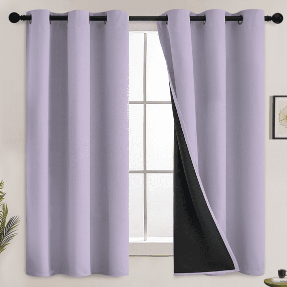 Yakamok 100% Blackout Curtains with Black Lined 2 Thick Layers Soundproof Thermal Insulated Room Darkening Curtains for Living Room(42Wx63L,Lilac, 2 Panels)