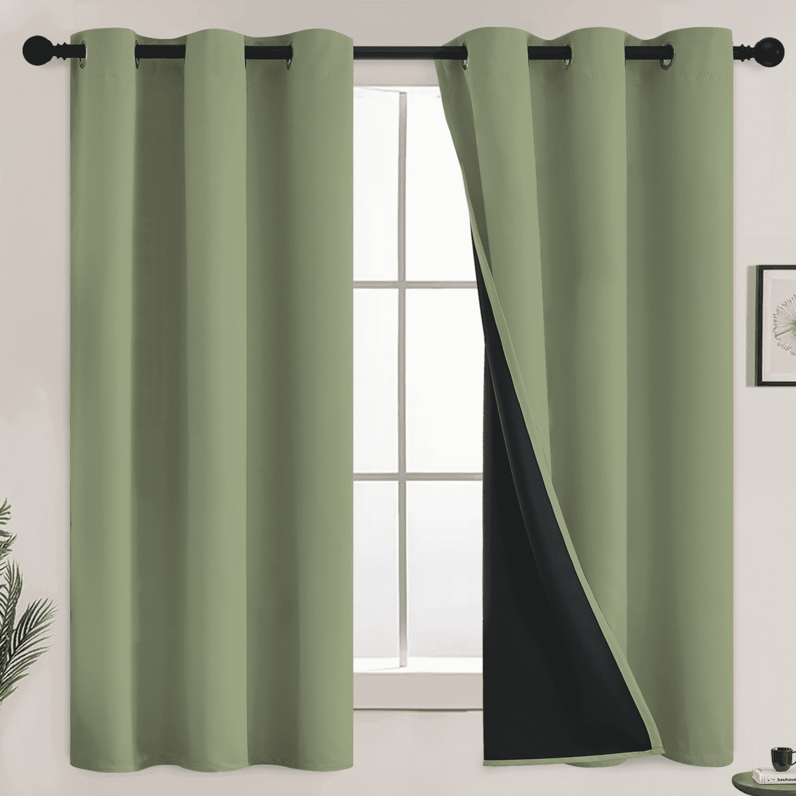 Yakamok 100% Blackout Curtains with Black Lined 2 Thick Layers Soundproof Thermal Insulated Room Darkening Curtains for Living Room(42Wx63L,Sage, 2 Panels)