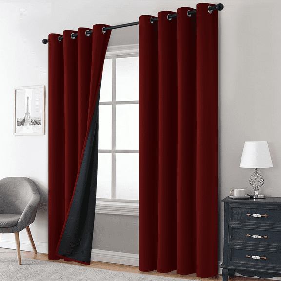 Yakamok 100% Blackout Curtains, Burgundy Red Curtains for Bedroom 84 inch Length with Black Backing Solid Grommet Panels for Living Room 2 Panels, 52Wx84L