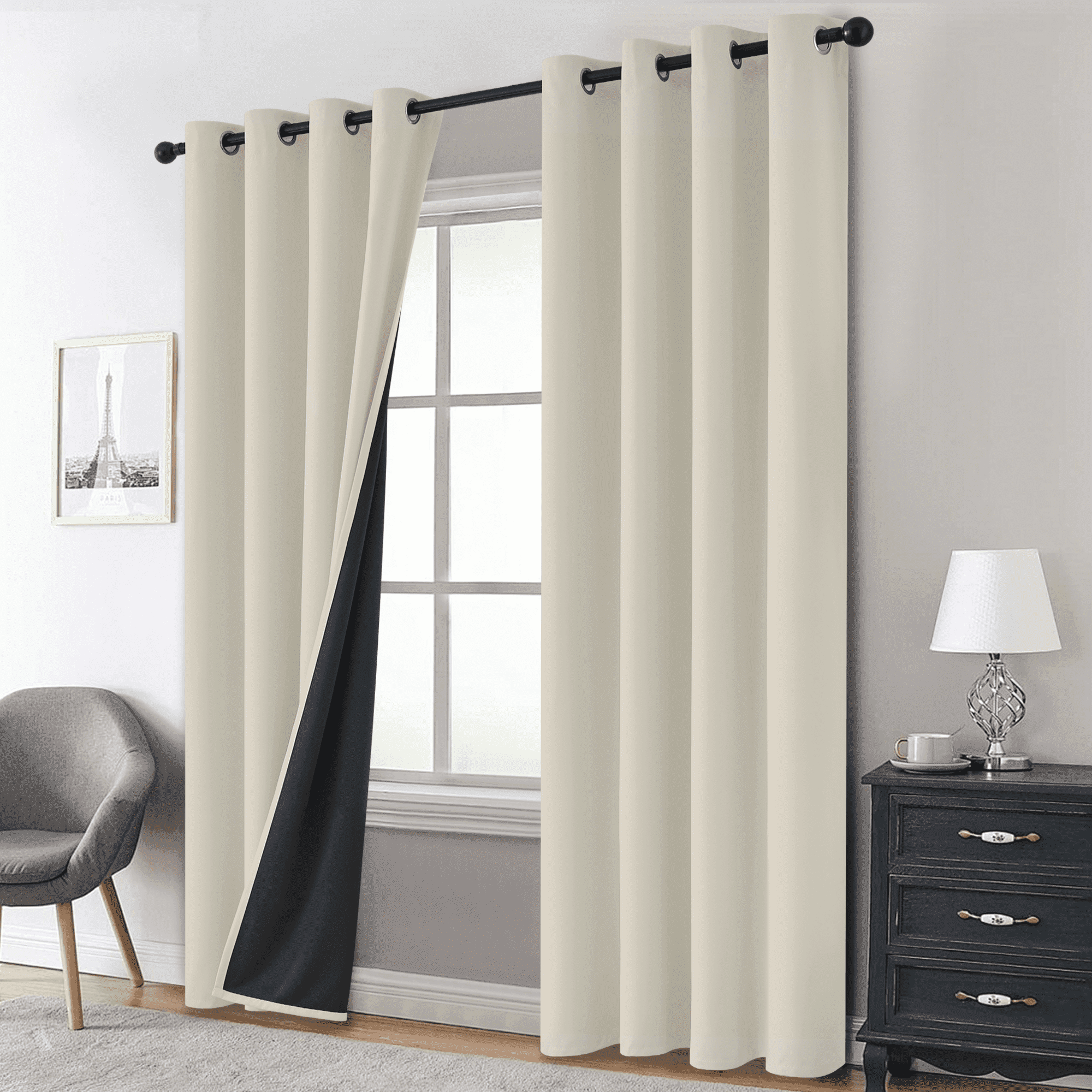 Yakamok 100% Blackout Curtains, Cream Curtains for Bedroom 84 Inch Length with Black Backing Solid Grommet Panels for Living Room 2 Panels, 52Wx84L