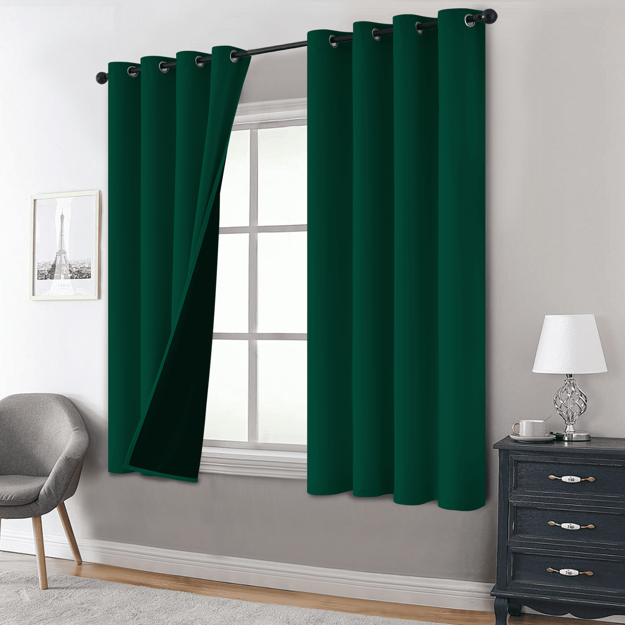 Yakamok 100% Blackout Curtains, Dark Green Curtains for Bedroom 84 Inch Length with Black Backing Solid Grommet Panels for Living Room 2 Panels, 52Wx63L