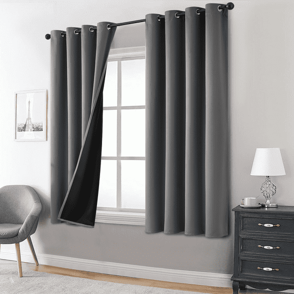 Yakamok 100% Blackout Curtains, Grey Curtains for Bedroom 84 Inch Length with Black Backing Solid Grommet Panels for Living Room 2 Panels, 52Wx63L
