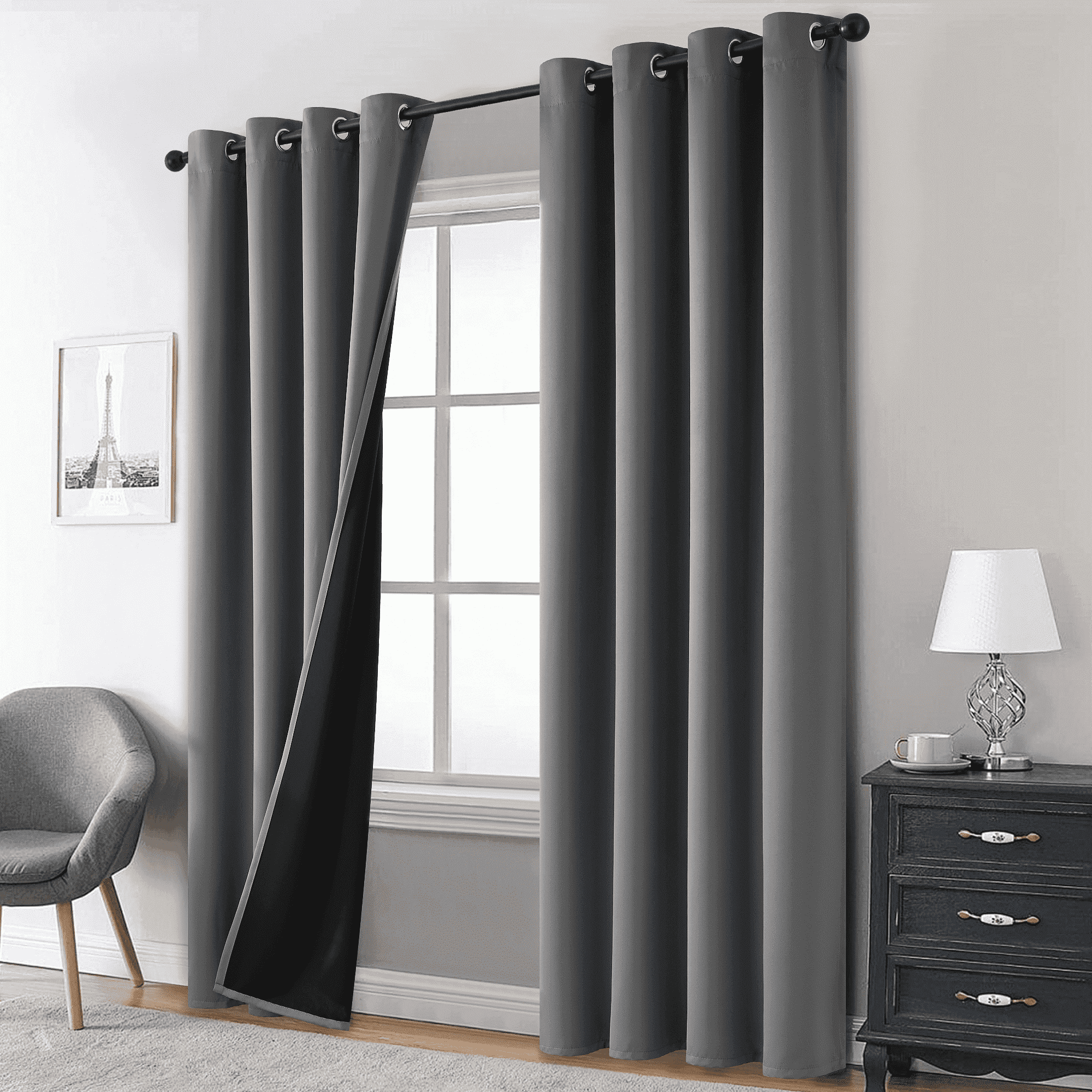 Yakamok 100% Blackout Curtains, Grey Curtains for Bedroom 84 Inch Length with Black Backing Solid Grommet Panels for Living Room 2 Panels, 52Wx84L