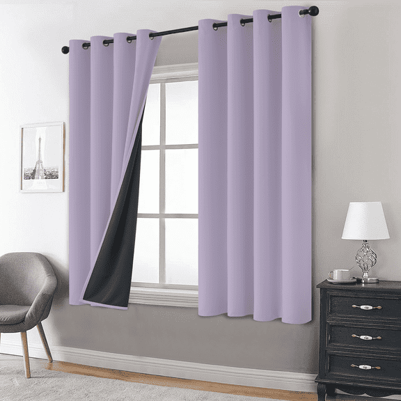 Yakamok 100% Blackout Curtains, Lilac Curtains for Bedroom Length with Black Backing Solid Grommet Panels for Living Room 2 Panels, 52Wx63L