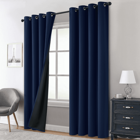 Yakamok 100% Blackout Curtains, Navy Blue Curtains for Bedroom 84 Inch Length with Black Backing Solid Grommet Panels for Living Room 2 Panels, 52Wx84L