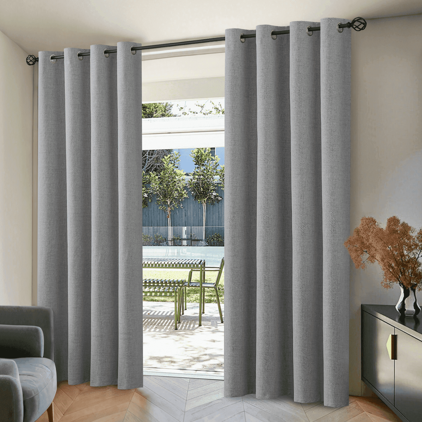 Yakamok 100% Blackout Dove Grey Linen Curtains 90 Inches Long for Living Room, Room Darkening Textured Curtains for Bedroom with White Liner 2 Panels