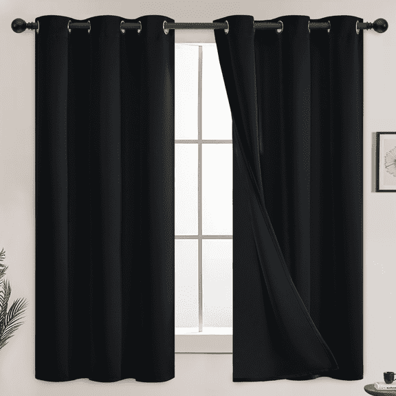 Yakamok 100% Blackout Lined Pair Curtains for Bedroom, Window Treatment Thermal Insulated Noise Blocking Drapes for Living Room(42Wx63L,Black, 2 Panels)