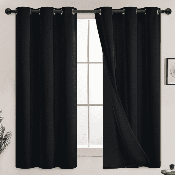 Yakamok 100% Blackout Lined Pair Curtains for Bedroom, Window Treatment Thermal Insulated Noise Blocking Drapes for Living Room(42Wx63L,Black, 2 Panels)