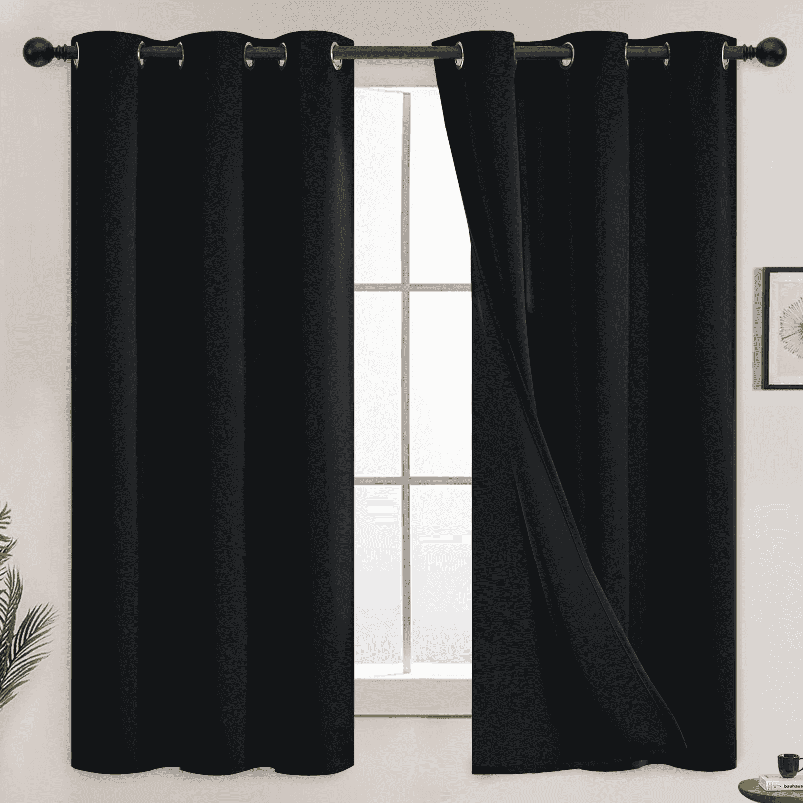 Yakamok 100% Blackout Lined Pair Curtains for Bedroom, Window Treatment Thermal Insulated Noise Blocking Drapes for Living Room(42Wx63L,Black, 2 Panels)