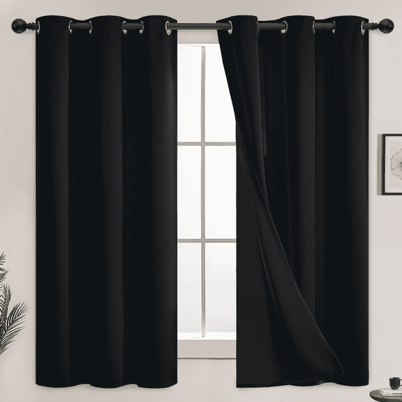 Yakamok 100% Blackout Lined Pair Curtains for Bedroom, Window Treatment Thermal Insulated Noise Blocking Drapes for Living Room(42Wx63L,Black, 2 Panels)